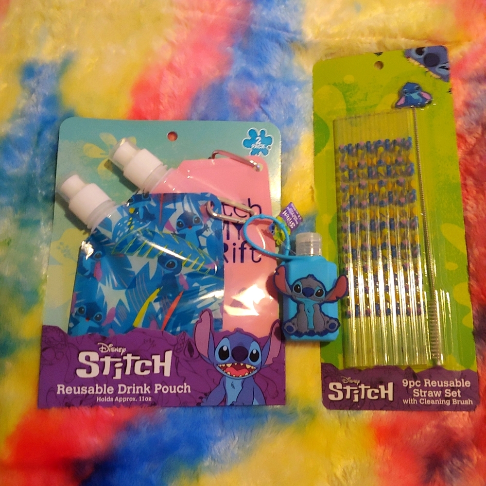 Stitch 9 Piece Reusable Straws, 2 Reusable Drink Pouches, 1 Hand Sanitizer